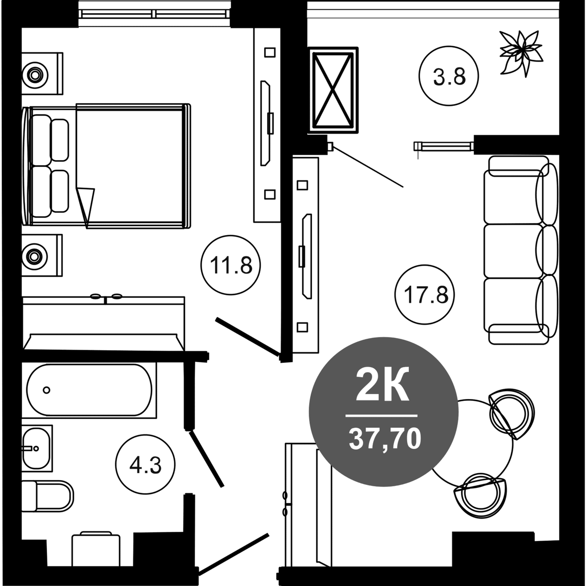 Планировка евродвушка (2Е) 37.7 м² в ЖК «Гостиничный комплекс GREENMONT», корпус 1