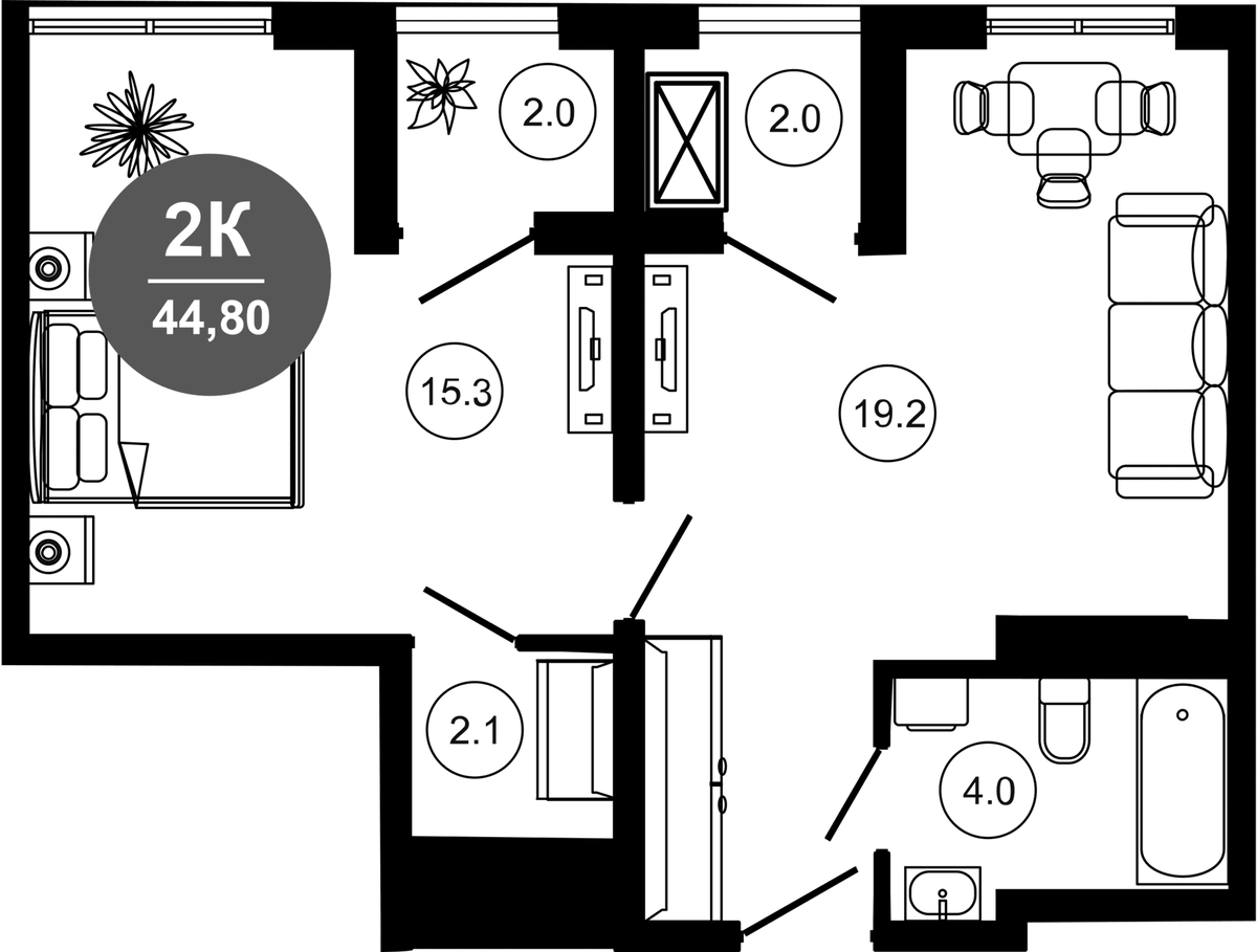 Планировка евродвушка (2Е) 44.8 м² в ЖК «Гостиничный комплекс GREENMONT», корпус 1