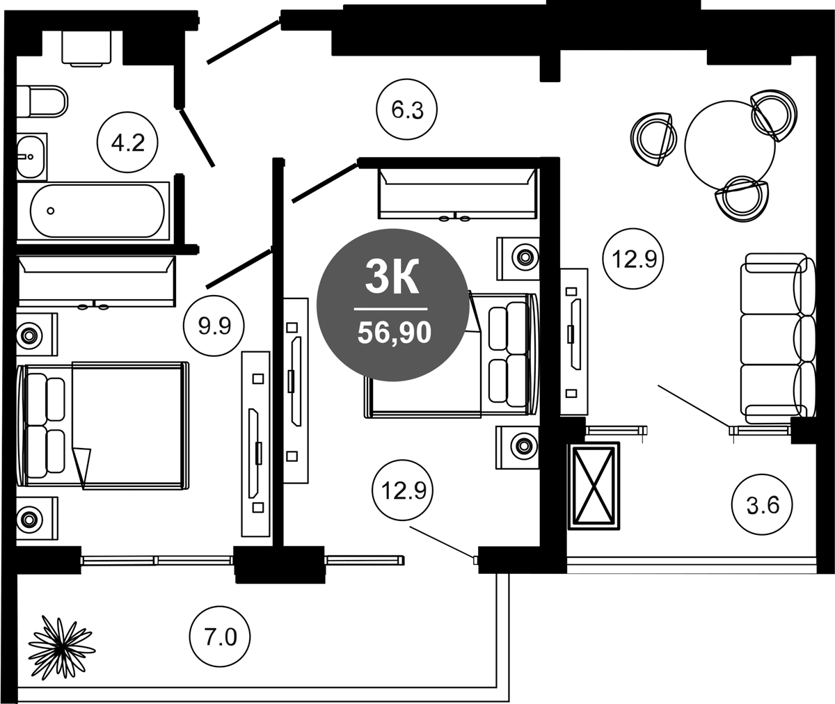Планировка двухкомнатная 56.9 м² в ЖК «Гостиничный комплекс GREENMONT», корпус 1