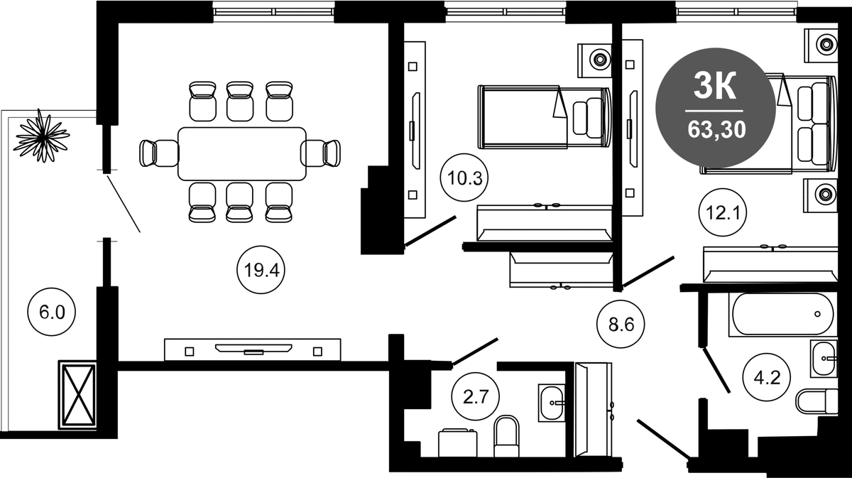 Планировка евротрёшка (3Е) 64.3 м² в ЖК «Гостиничный комплекс GREENMONT», корпус 1