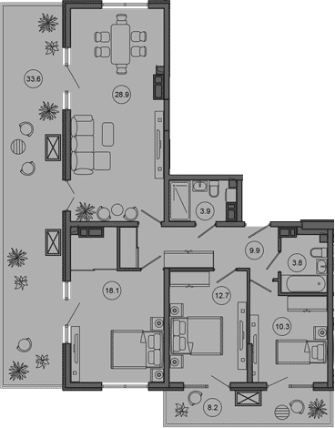 Планировка евро-4 (4Е) 129.4 м² в ЖК «Гостиничный комплекс GREENMONT», корпус 1