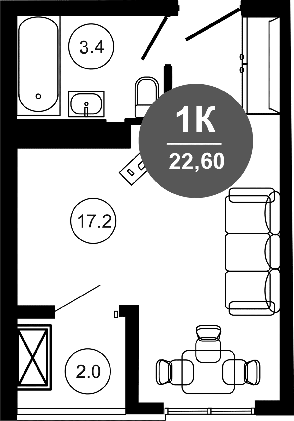 Планировка Студии 22.6 м² в ЖК «Гостиничный комплекс GREENMONT», корпус 1