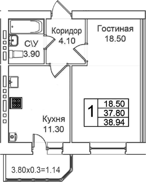 Планировка однокомнатная 38.9 м² в ЖК «Грэс», корпус 1