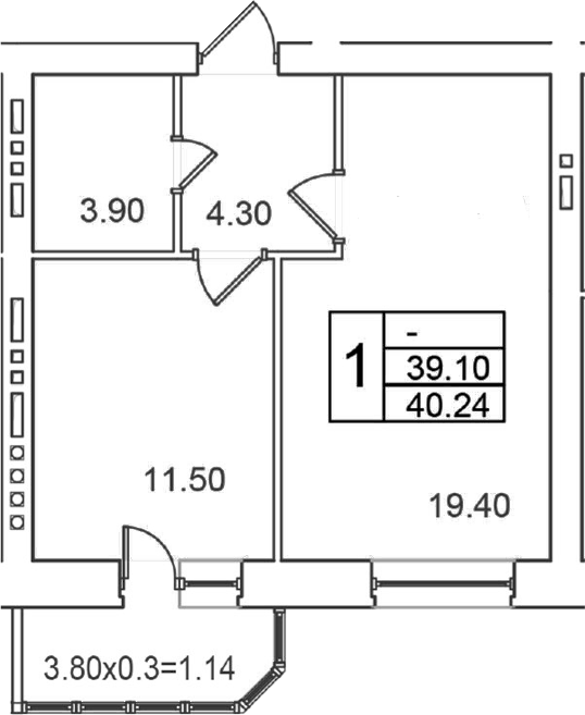 Планировка однокомнатная 40.24 м² в ЖК «Грэс», корпус 1