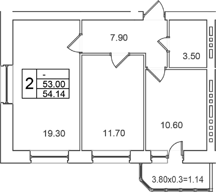Планировка двухкомнатная 54.14 м² в ЖК «Грэс», корпус 1