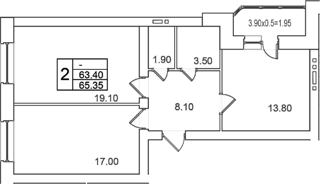 Планировка двухкомнатная 65.35 м² в ЖК «Грэс», корпус 1