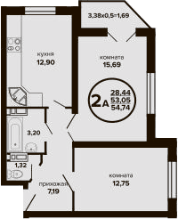 Планировка двухкомнатная 57.69 м² в ЖК «Гулливер», корпус 3