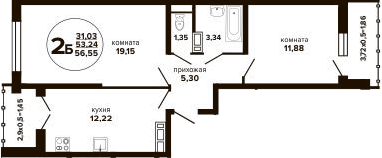 Планировка двухкомнатная 57.6 м² в ЖК «Гулливер», корпус 3