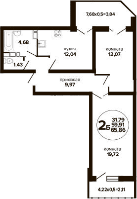 Планировка двухкомнатная 65.86 м² в ЖК «Гулливер», корпус 3