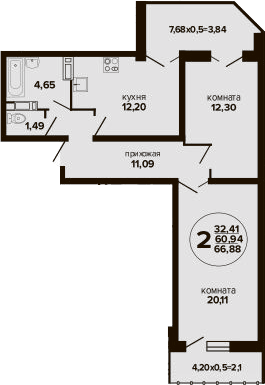 Планировка двухкомнатная 66.88 м² в ЖК «Гулливер», корпус 3