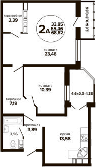 Планировка двухкомнатная 68.62 м² в ЖК «Гулливер», корпус 3