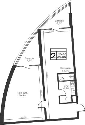 Планировка однокомнатная 84 м² в ЖК «Хако», корпус 11