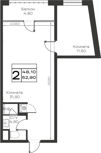Планировка двухкомнатная 52.9 м² в ЖК «Хако», корпус 10
