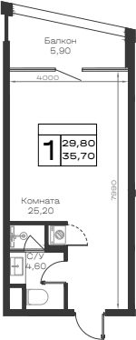 Планировка Студии 35.7 м² в ЖК «Хако», корпус 9