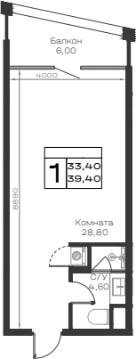 Планировка Студии 39.4 м² в ЖК «Хако», корпус 9
