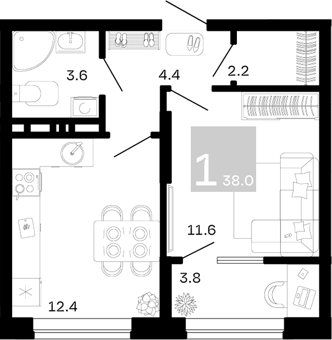 Планировка однокомнатная 38 м² в ЖК «Хозяин Морей», корпус 1.2В