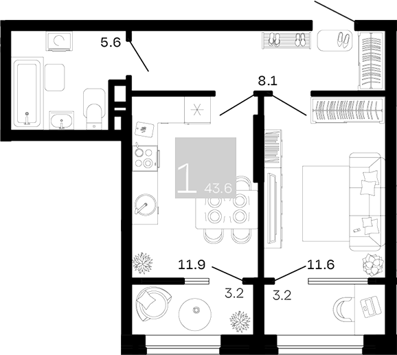 Планировка однокомнатная 43.6 м² в ЖК «Хозяин Морей», корпус 1.2А
