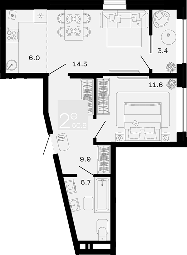 Планировка евродвушка (2Е) 50.9 м² в ЖК «Хозяин Морей», корпус 1.2А