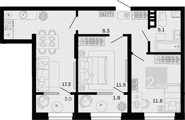 Планировка двухкомнатная 60.8 м² в ЖК «Хозяин Морей», корпус 1.1