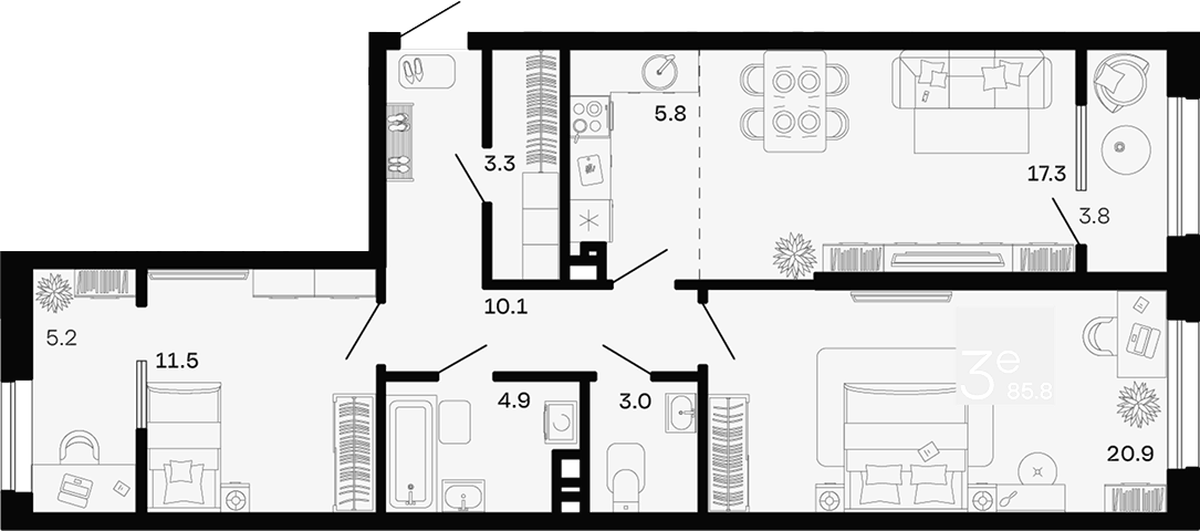 Планировка двухкомнатная 85.8 м² в ЖК «Хозяин Морей», корпус 1.1