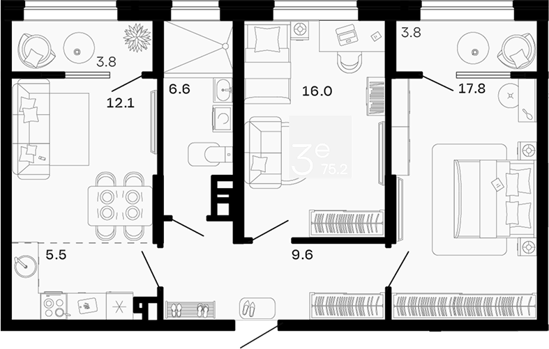 Планировка евротрёшка (3Е) 75.2 м² в ЖК «Хозяин Морей», корпус 1.2А