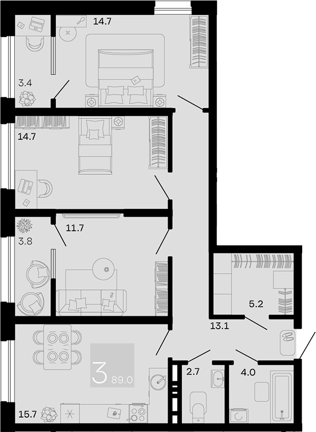 Планировка трёхкомнатная 89 м² в ЖК «Хозяин Морей», корпус 1.2В