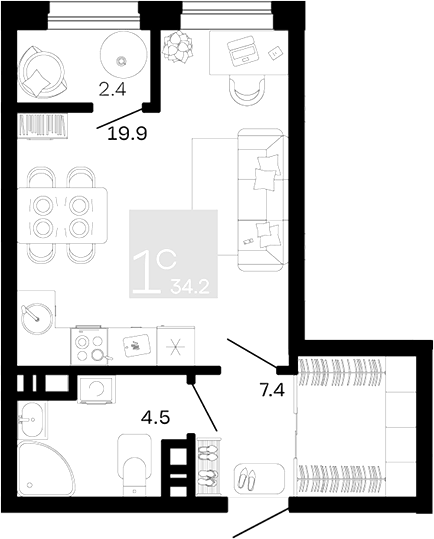 Планировка Студии 34.2 м² в ЖК «Хозяин Морей», корпус 1.2В