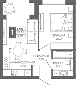 Планировка однокомнатная 37.1 м² в ЖК «Иначе в Молодежном», корпус 1