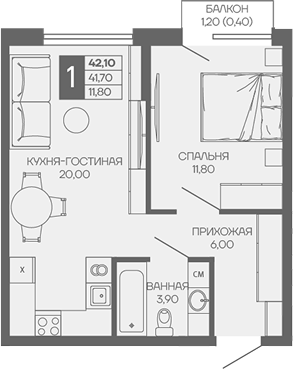 Планировка однокомнатная 42.1 м² в ЖК «Иначе в Молодежном», корпус 1