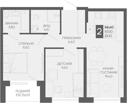 Планировка двухкомнатная 58.6 м² в ЖК «Иначе в Молодежном», корпус 1