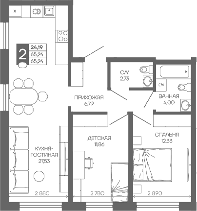 Планировка двухкомнатная 65.24 м² в ЖК «Иначе в Молодежном», корпус 2