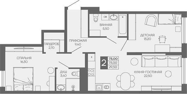 Планировка двухкомнатная 73 м² в ЖК «Иначе в Молодежном», корпус 1