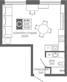 Планировка Студии 31.9 м² в ЖК «Иначе в Молодежном», корпус 1