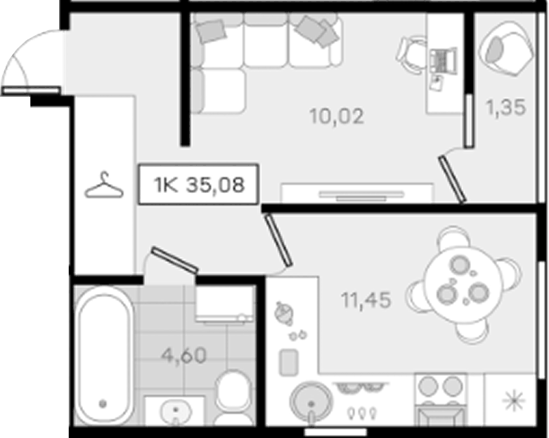 Планировка однокомнатная 35.08 м² в ЖК «История 3», корпус 8