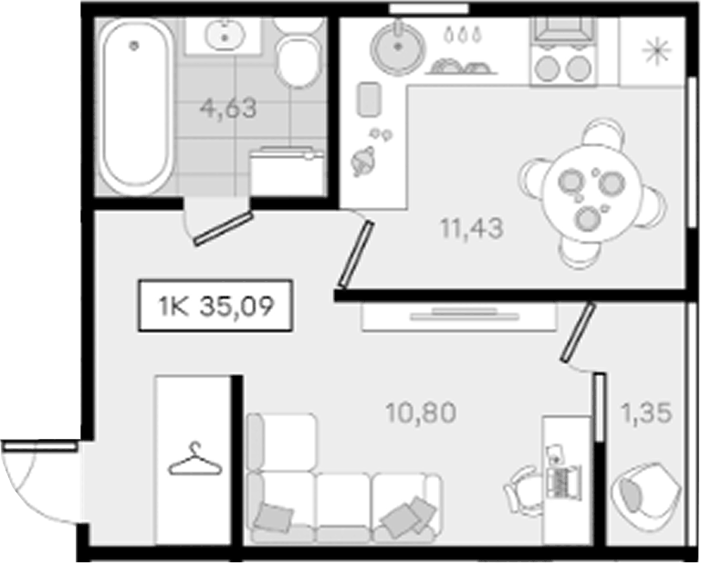 Планировка однокомнатная 35.9 м² в ЖК «История 3», корпус 8