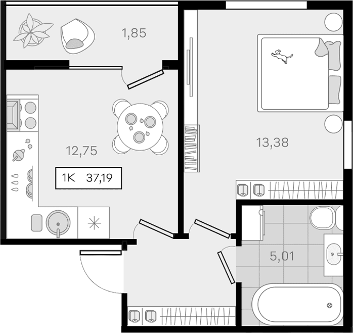 Планировка однокомнатная 37.19 м² в ЖК «История 3», корпус 9