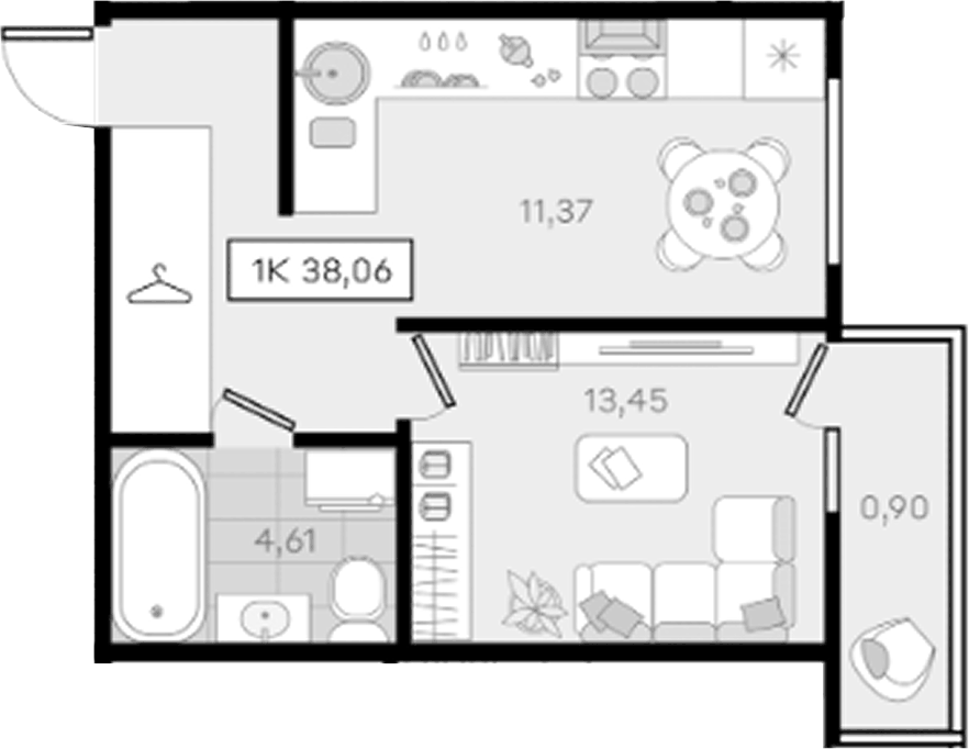 Планировка однокомнатная 38.06 м² в ЖК «История 3», корпус 8