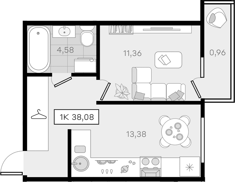 Планировка однокомнатная 38.08 м² в ЖК «История 3», корпус 11