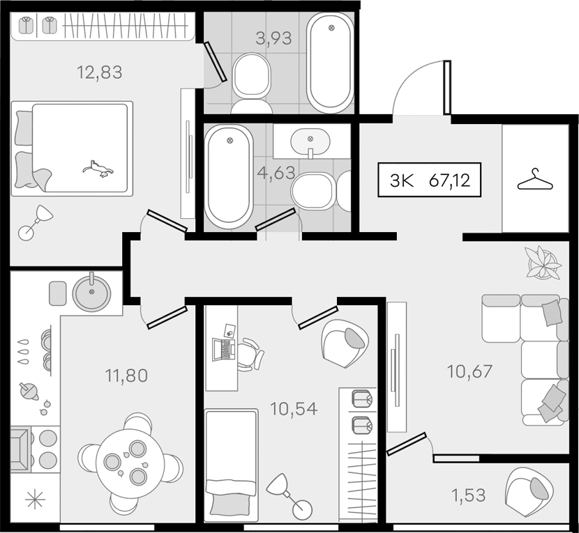 Планировка трёхкомнатная 67.12 м² в ЖК «История 3», корпус 11