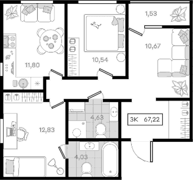 Планировка трёхкомнатная 67.22 м² в ЖК «История 3», корпус 7