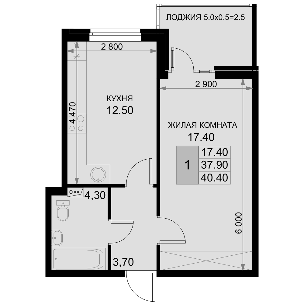 Планировка однокомнатная 39.4 м² в ЖК «История», корпус Екатерининская 5/2