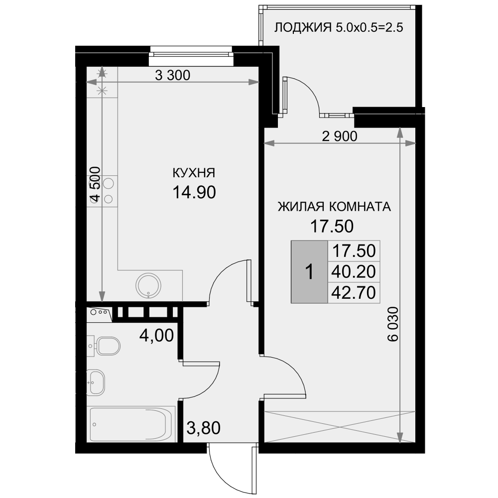 Планировка однокомнатная 40.8 м² в ЖК «История», корпус Казачья 6/1