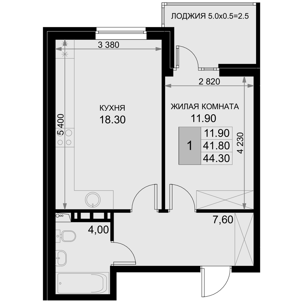 Планировка евродвушка (2Е) 44.3 м² в ЖК «История», корпус Екатерининская 5/1
