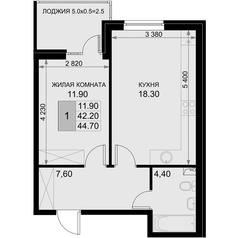 Планировка евродвушка (2Е) 44.7 м² в ЖК «История», корпус Екатерининская 3/1