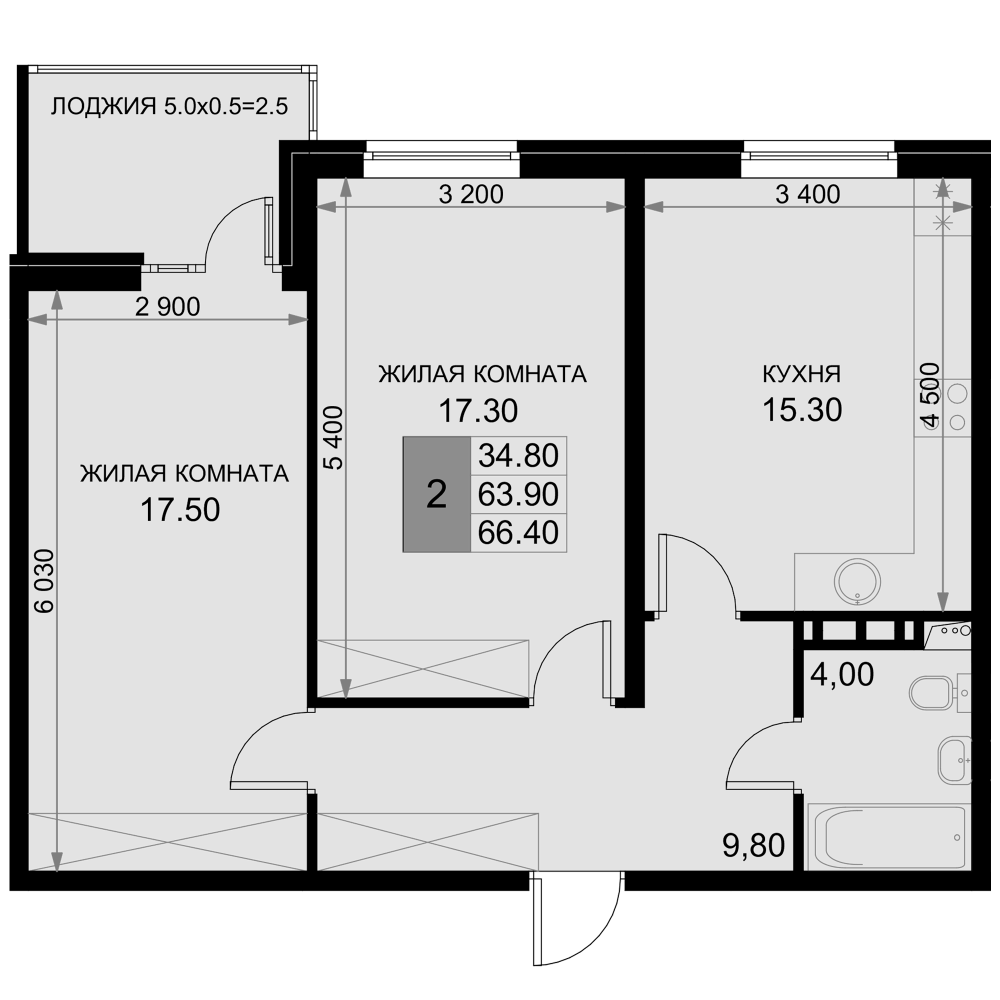 Планировка евротрёшка (3Е) 64.4 м² в ЖК «История», корпус Екатерининская 5/1