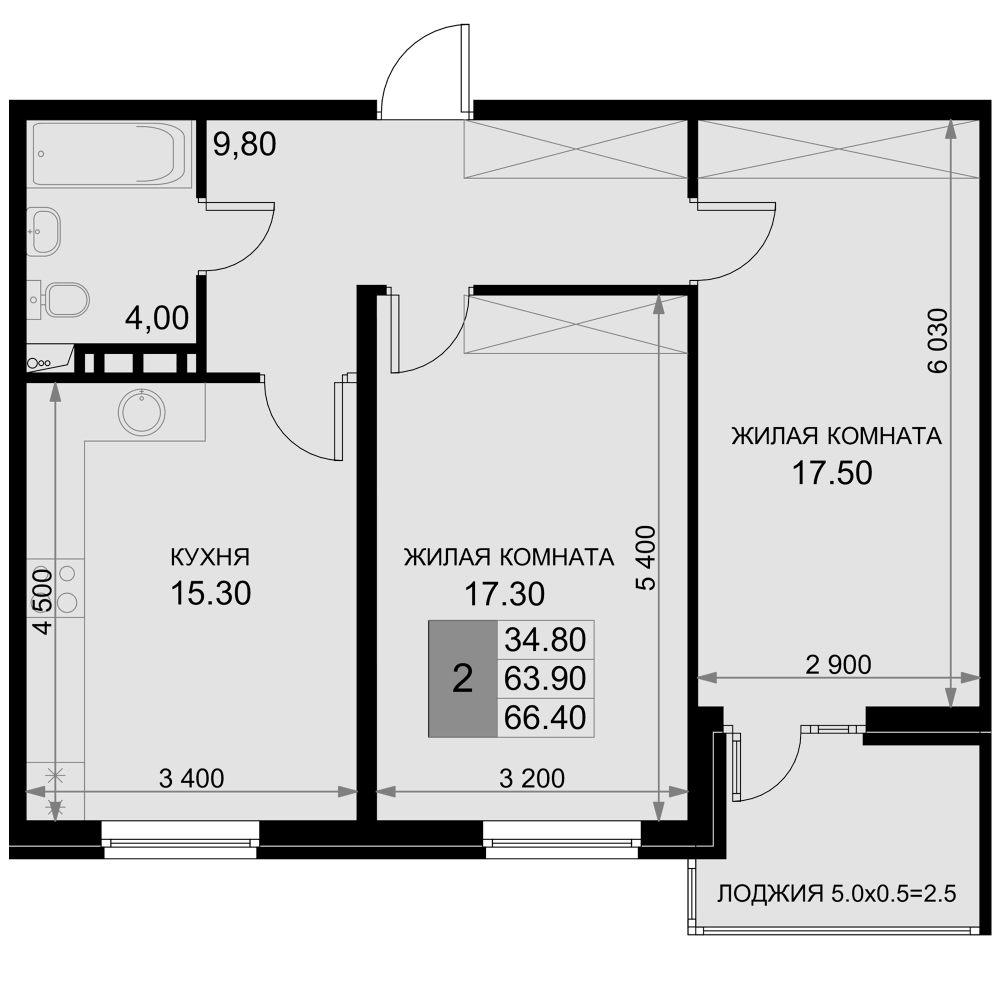 Планировка евротрёшка (3Е) 66.4 м² в ЖК «История», корпус Екатерининская 3/2