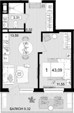 Планировка однокомнатная 43.09 м² в ЖК «IT гостиничный комплекс Корсаков», корпус 3