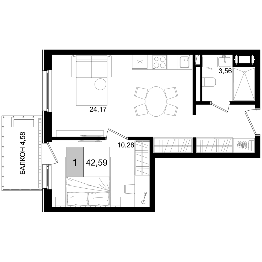 Планировка евродвушка (2Е) 42.59 м² в ЖК «IT гостиничный комплекс Корсаков», корпус 3