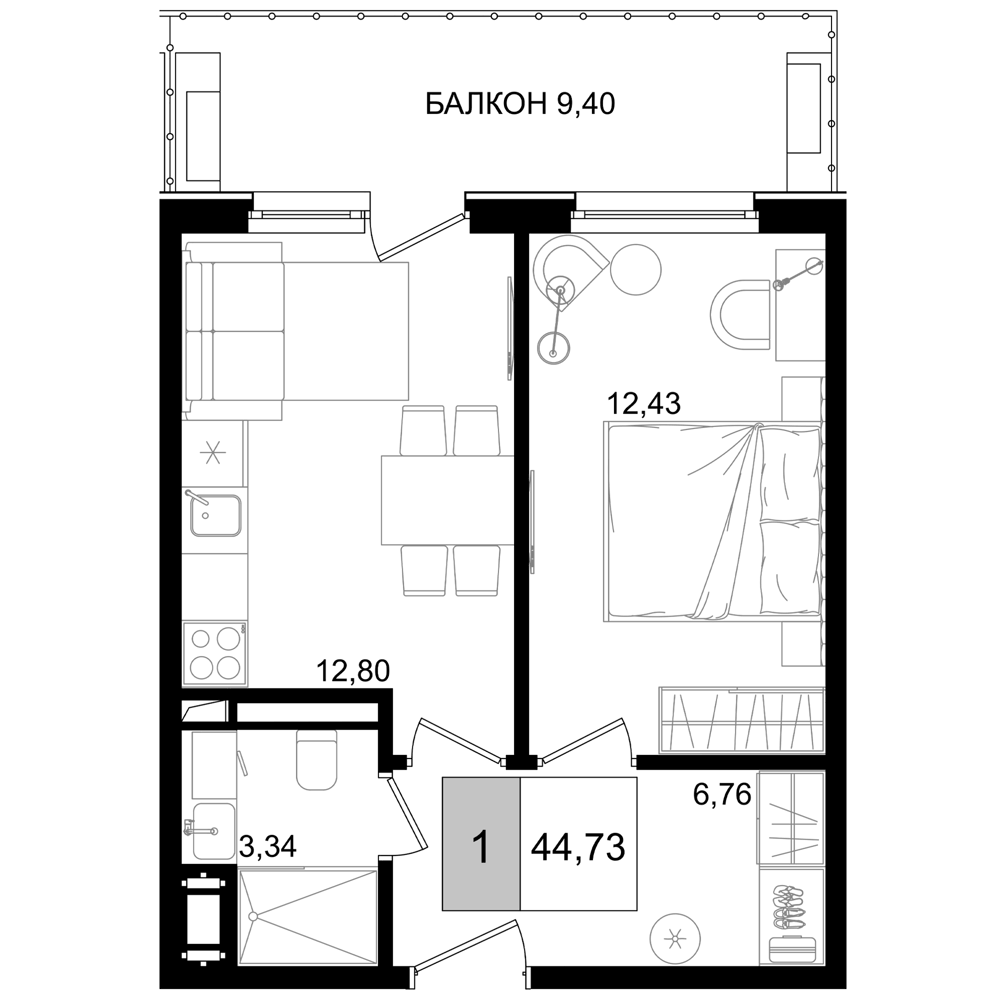 Планировка евродвушка (2Е) 44.73 м² в ЖК «IT гостиничный комплекс Корсаков», корпус 2