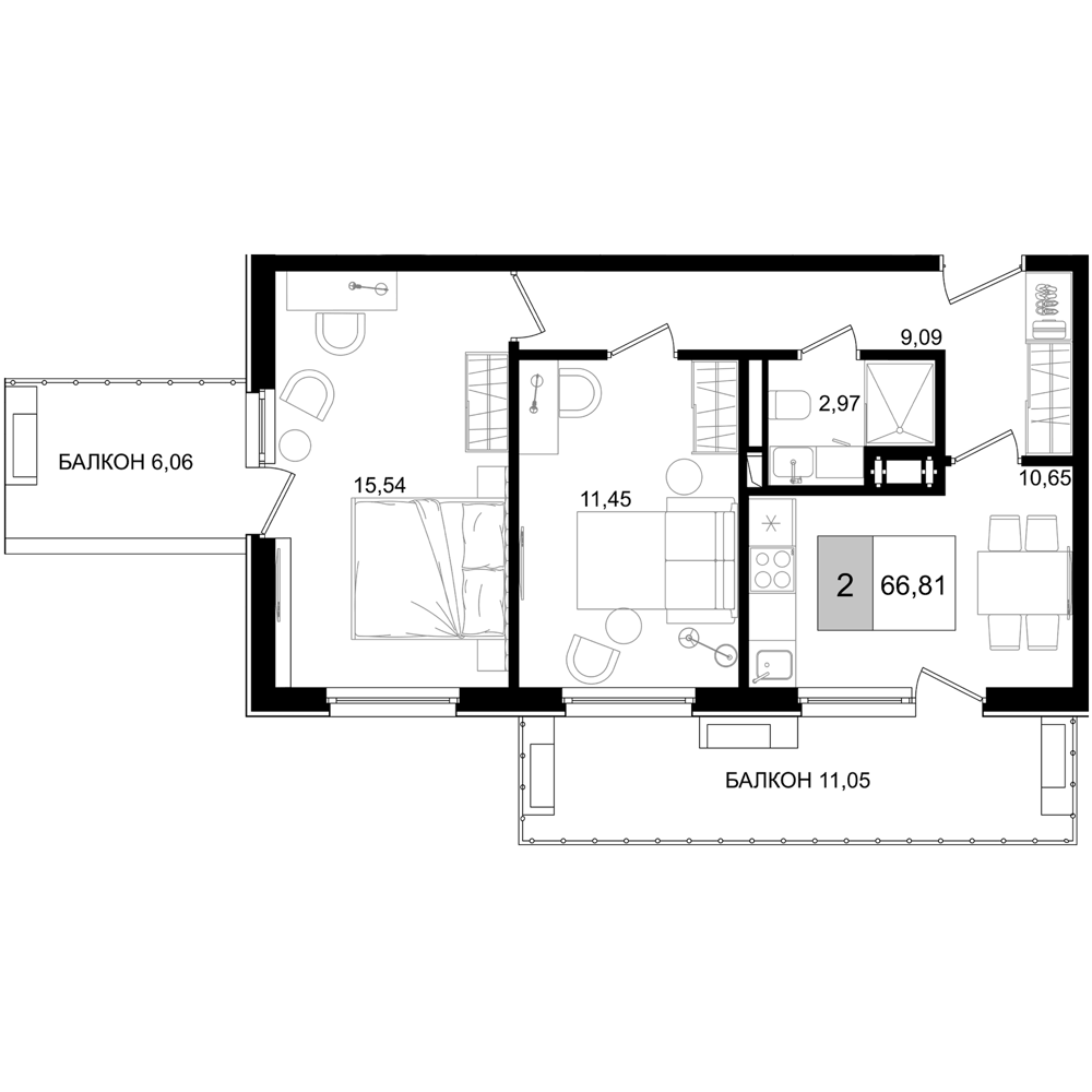 Планировка двухкомнатная 66.81 м² в ЖК «IT гостиничный комплекс Корсаков», корпус 2